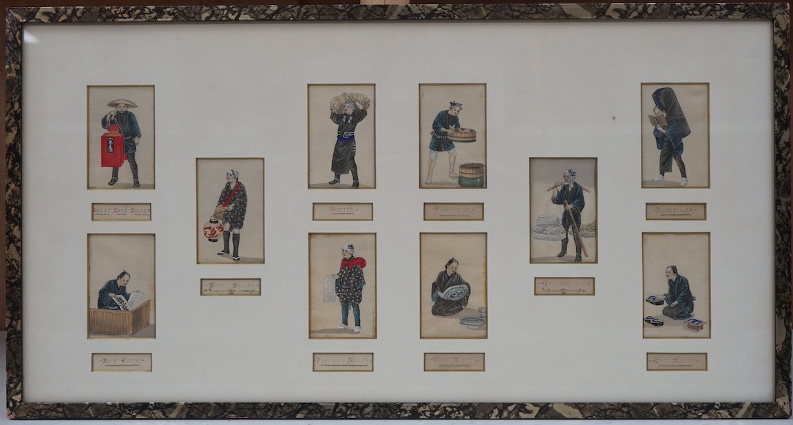 Japanese School, meiji period, set of ten miniature watercolours, Tradesman and Street Sellers, to include Fishmonger, Shop Clerk and Sweet Sake Seller, mounted and framed as one, each approximately 8.5 x 5cm. Condition